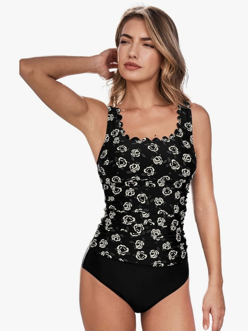 Black Floral Tankini Top and Bikini Bottom Set